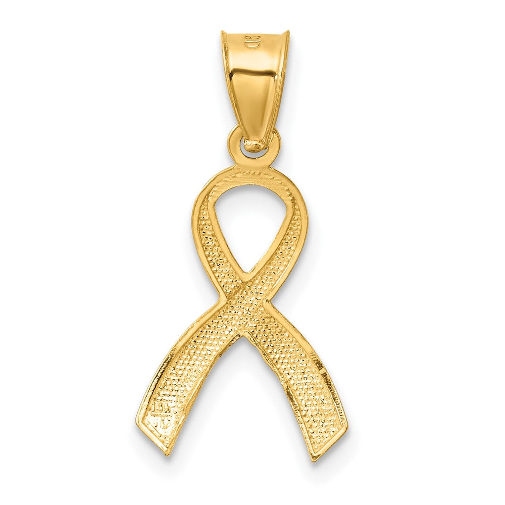 Alternate view of the 14k Yellow Gold Satin & Diamond Cut Awareness Ribbon Pendant, 12mm by The Black Bow Jewelry Co.