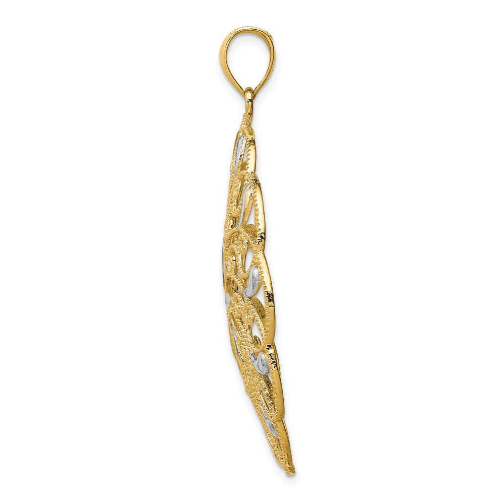 Alternate view of the 14k Yellow Gold & White Rhodium Diamond Cut Floral Swirl Pendant, 40mm by The Black Bow Jewelry Co.