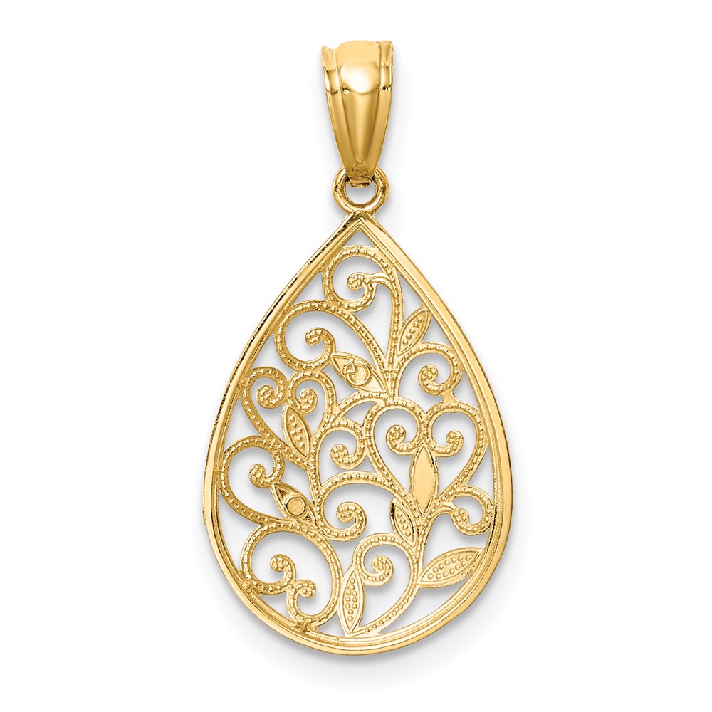 Alternate view of the 14k Yellow Gold Small Filigree Teardrop Pendant, 13mm (1/2 inch) by The Black Bow Jewelry Co.