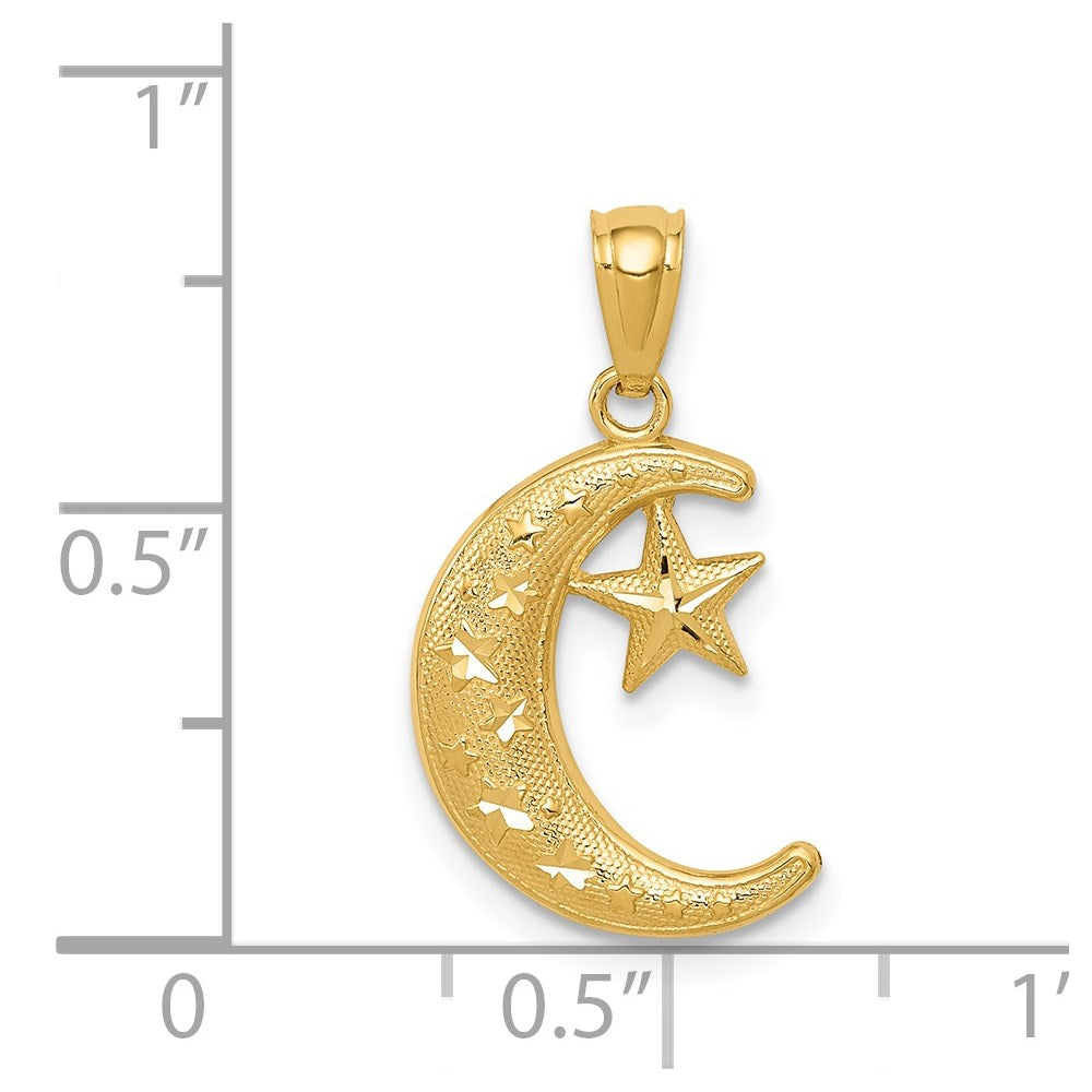 Alternate view of the 14k Yellow Gold Crescent Moon and Stars Pendant, 12mm by The Black Bow Jewelry Co.