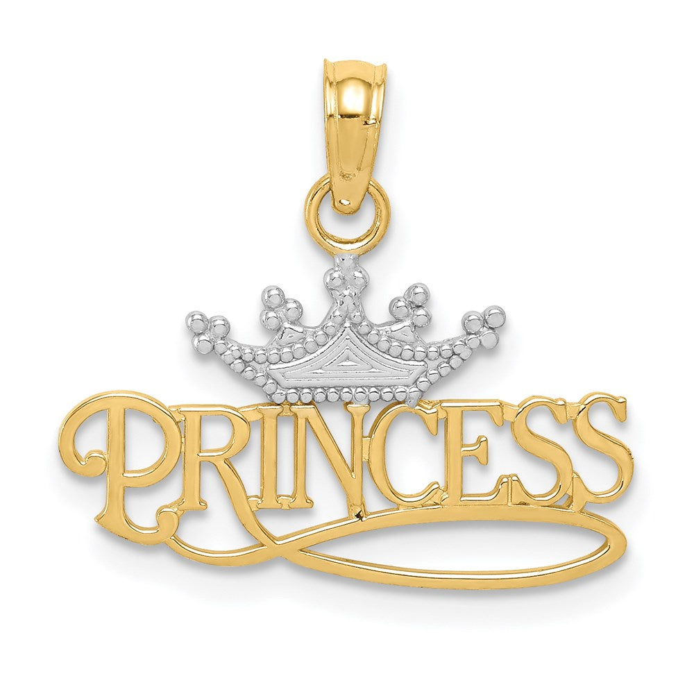 14k Yellow Gold & White Rhodium Crown Princess Script Pendant, 20mm, Item P26401 by The Black Bow Jewelry Co.