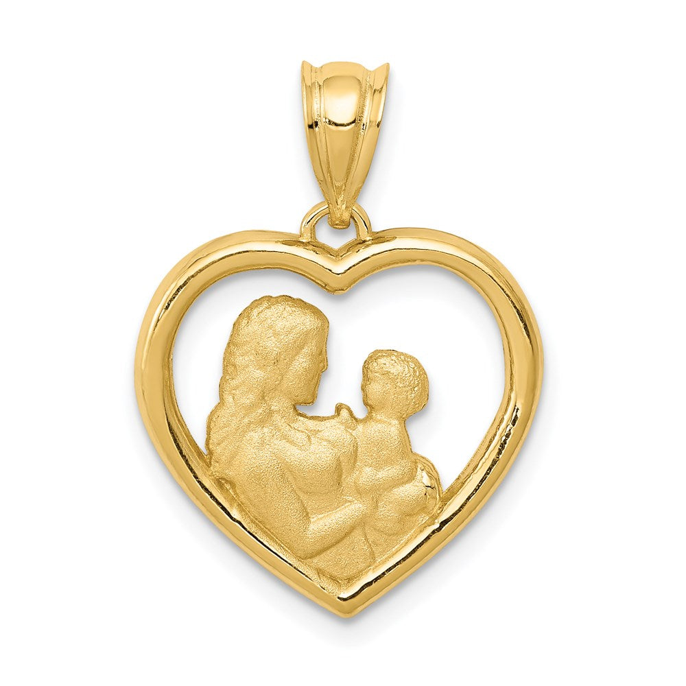 14k Yellow Gold Mom and Baby Heart Pendant, 17mm (5/8 inch