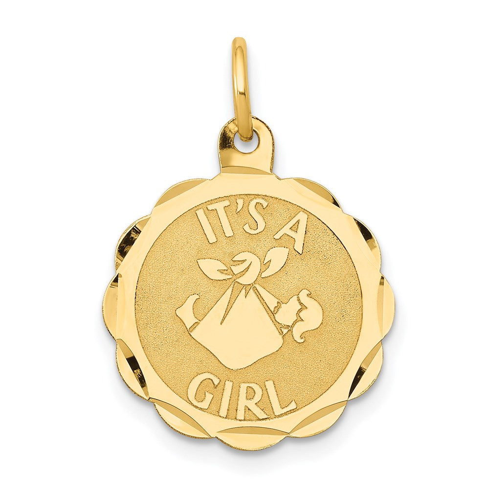 14k Yellow Gold It's A Girl Disc Charm or Pendant, 16mm (5/8 inch), Item P26439 by The Black Bow Jewelry Co.