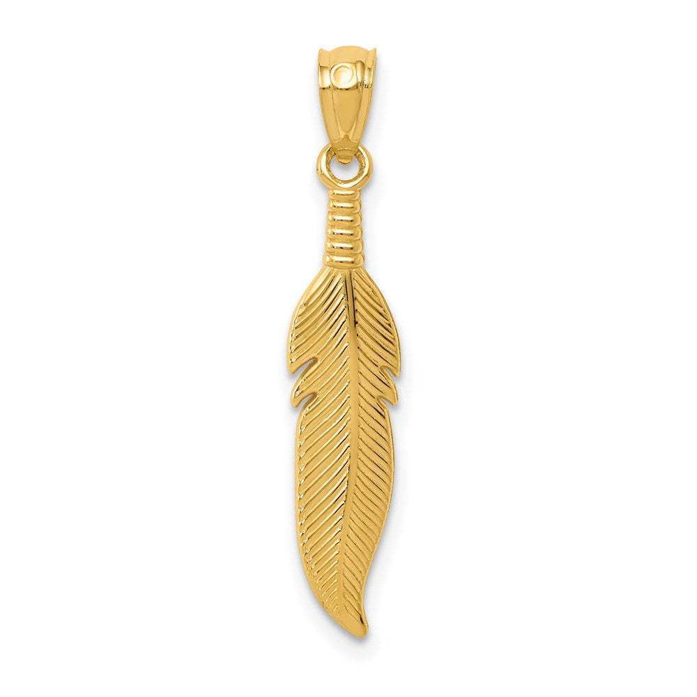 14k Yellow Gold Feather Pendant, 5 x 29mm, Item P26447 by The Black Bow Jewelry Co.