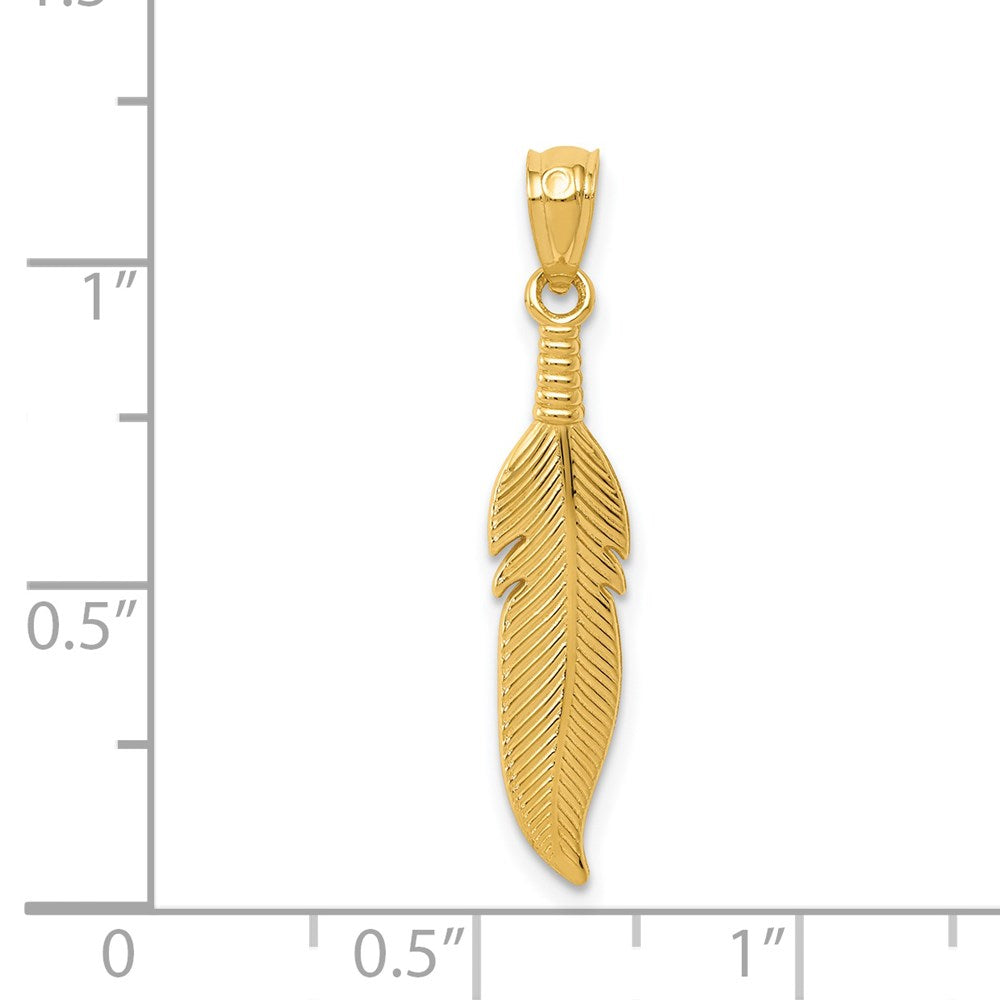Alternate view of the 14k Yellow Gold Feather Pendant, 5 x 29mm by The Black Bow Jewelry Co.