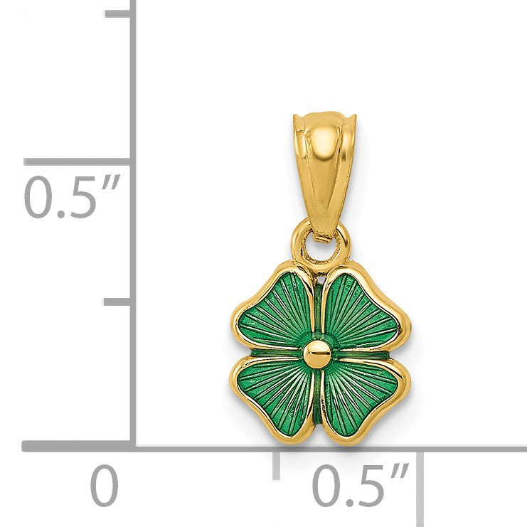 Alternate view of the 14k Yellow Gold &amp; Green Enamel Small Four Leaf Clover Pendant, 8mm by The Black Bow Jewelry Co.