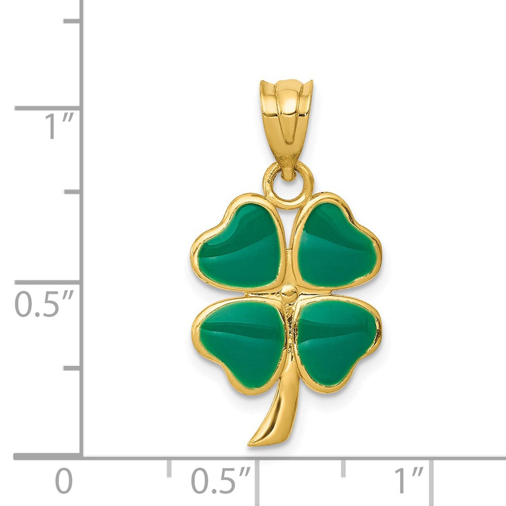 Alternate view of the 14k Yellow Gold & Green Enameled Four Leaf Clover Pendant, 14mm by The Black Bow Jewelry Co.