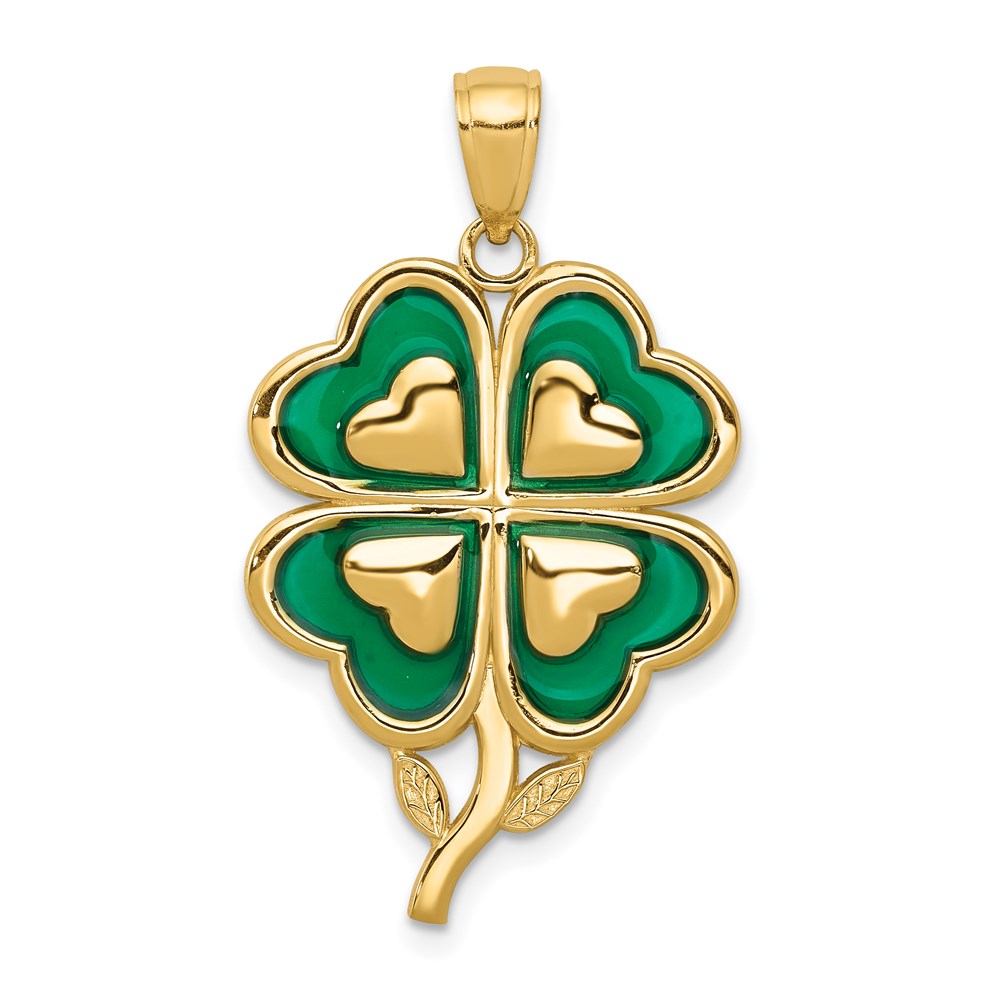 14k Yellow Gold &amp; Green Acrylic Four Leaf Clover Pendant, 19mm, Item P26488 by The Black Bow Jewelry Co.