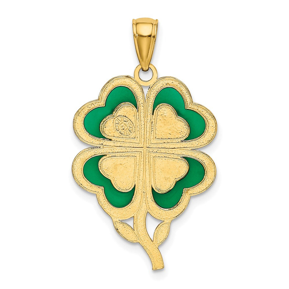 Alternate view of the 14k Yellow Gold &amp; Green Acrylic Four Leaf Clover Pendant, 19mm by The Black Bow Jewelry Co.