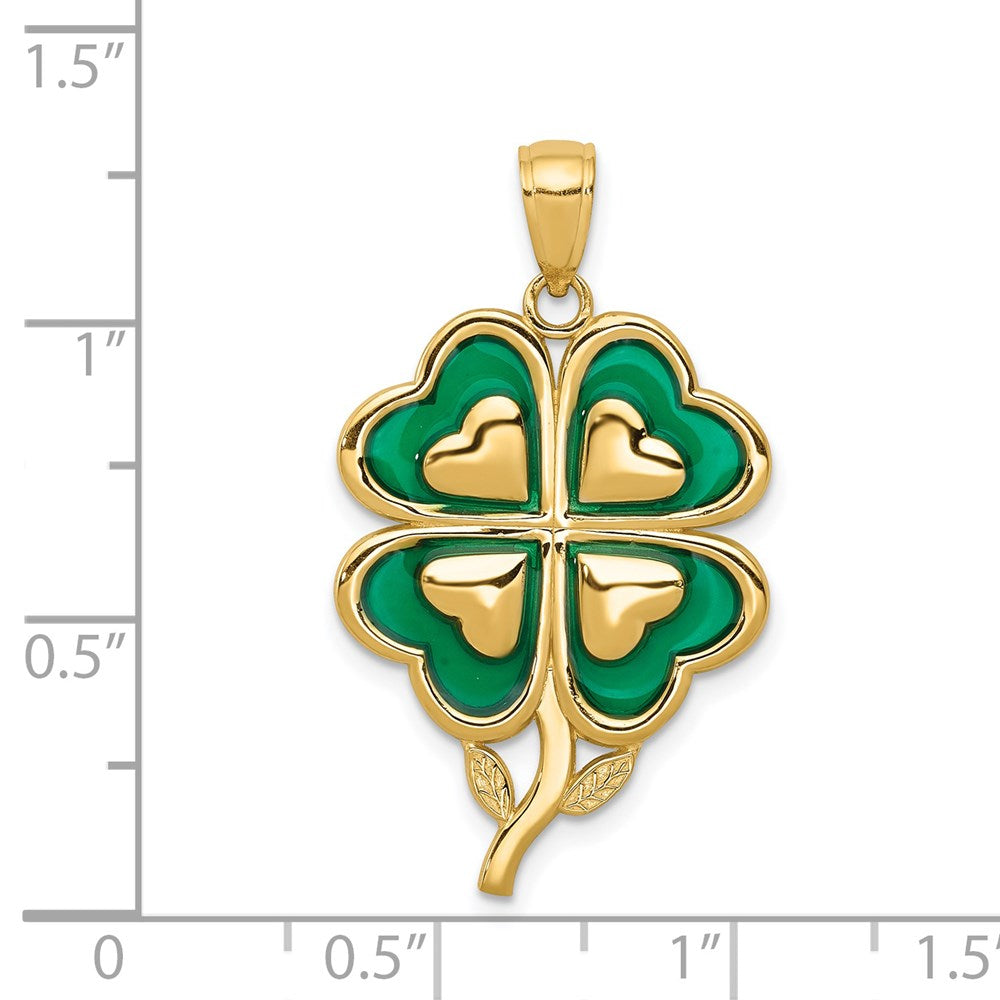 Alternate view of the 14k Yellow Gold &amp; Green Acrylic Four Leaf Clover Pendant, 19mm by The Black Bow Jewelry Co.