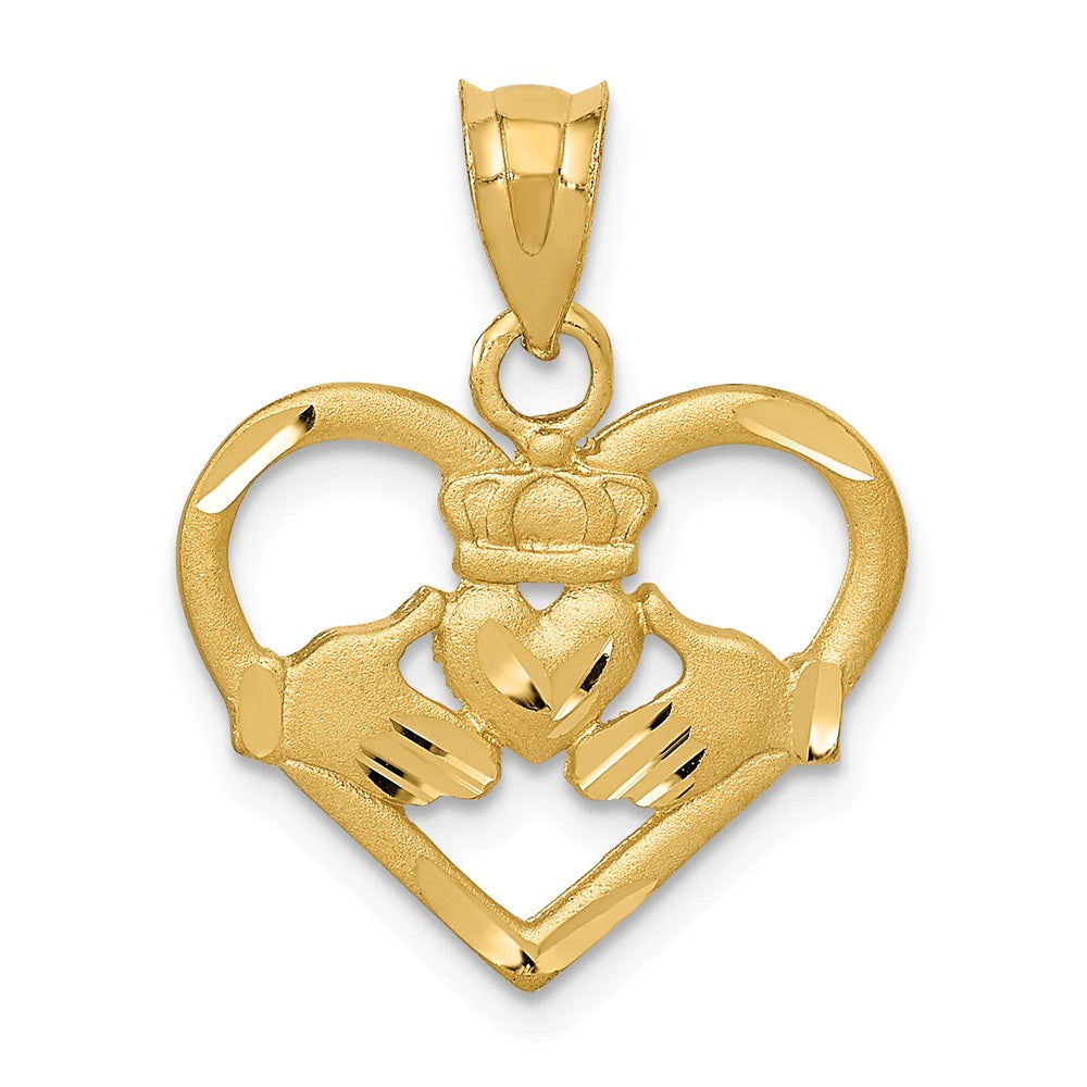 14k Yellow Gold Satin and Diamond Cut Claddagh Heart Pendant, 19mm, Item P26500 by The Black Bow Jewelry Co.