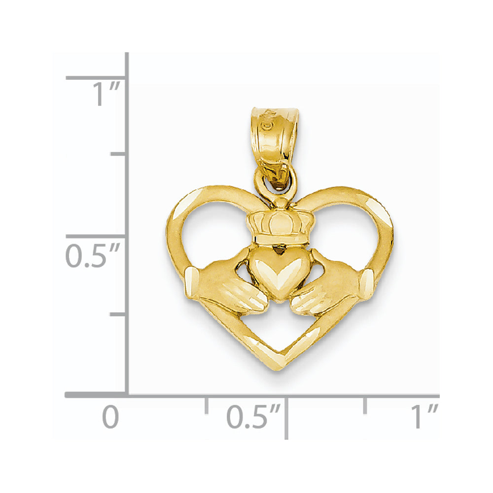 Alternate view of the 14k Yellow Gold Satin and Diamond Cut Claddagh Heart Pendant, 19mm by The Black Bow Jewelry Co.