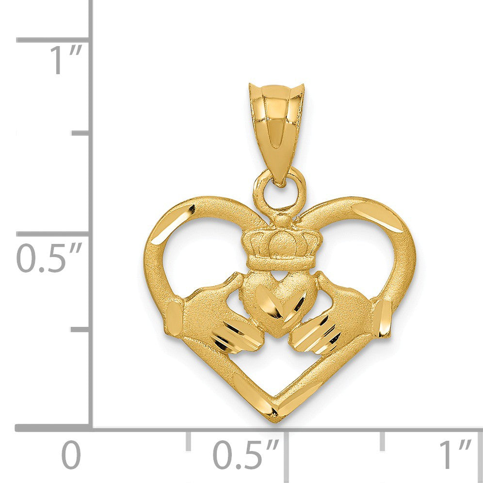 Alternate view of the 14k Yellow Gold Satin and Diamond Cut Claddagh Heart Pendant, 19mm by The Black Bow Jewelry Co.