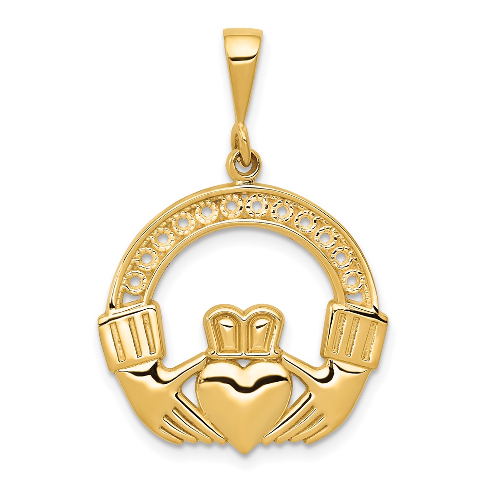 14k Yellow Gold Polished & Satin Claddagh Pendant, 21mm (13/16 inch), Item P26502 by The Black Bow Jewelry Co.