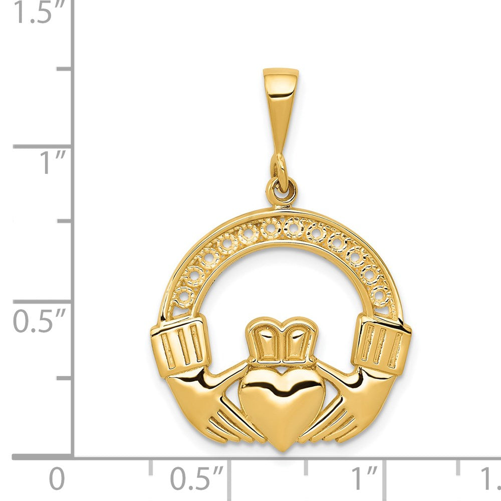 Alternate view of the 14k Yellow Gold Polished & Satin Claddagh Pendant, 21mm (13/16 inch) by The Black Bow Jewelry Co.