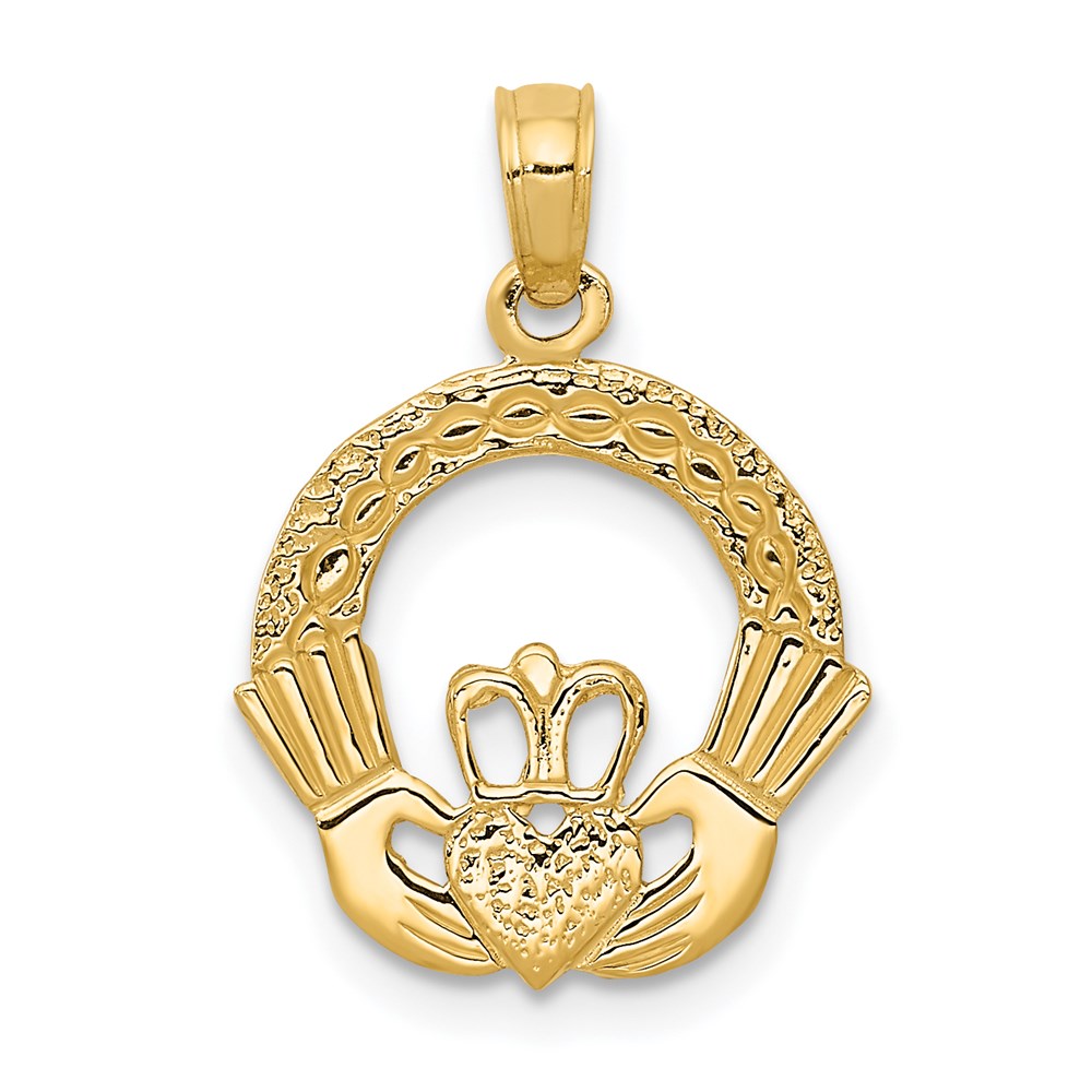 14k Yellow Gold Claddagh Circle Pendant, 15mm (9/16 inch), Item P26504 by The Black Bow Jewelry Co.