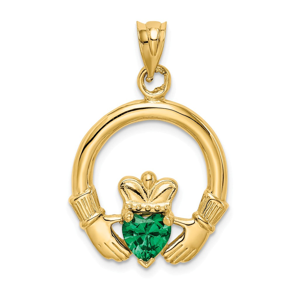 14k Yellow Gold &amp; Green CZ Claddagh Pendant, 20mm (3/4 inch), Item P26512 by The Black Bow Jewelry Co.