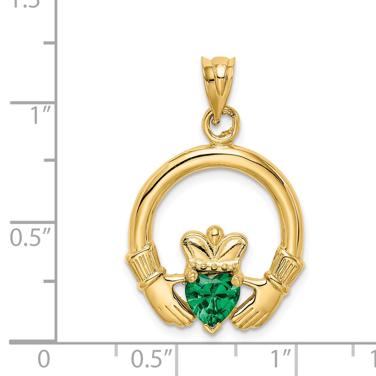 Alternate view of the 14k Yellow Gold &amp; Green CZ Claddagh Pendant, 20mm (3/4 inch) by The Black Bow Jewelry Co.