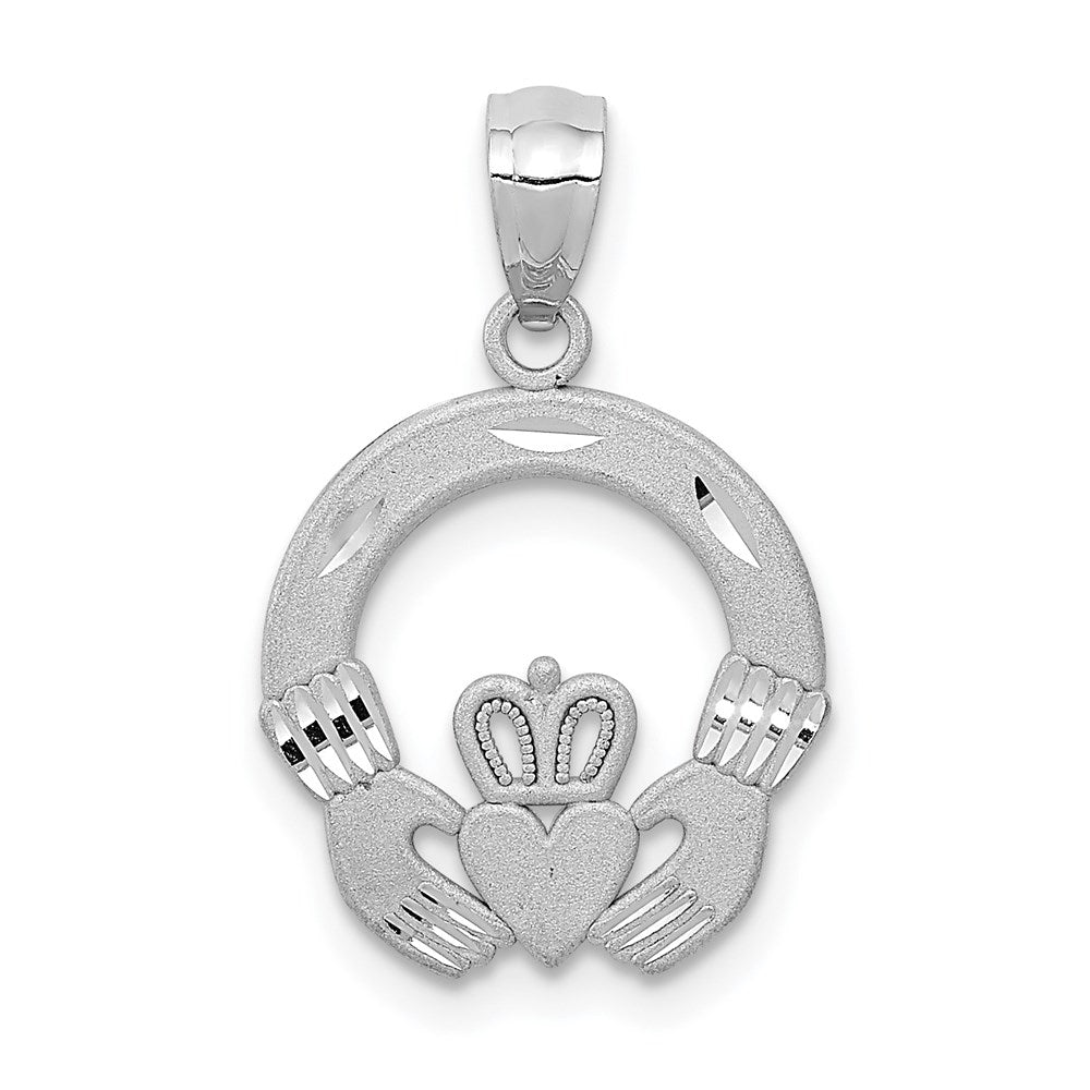 14k White Gold Satin & Diamond Cut Flat Claddagh Pendant, 14mm, Item P26521 by The Black Bow Jewelry Co.
