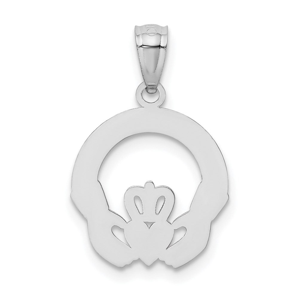 Alternate view of the 14k White Gold Satin & Diamond Cut Flat Claddagh Pendant, 14mm by The Black Bow Jewelry Co.