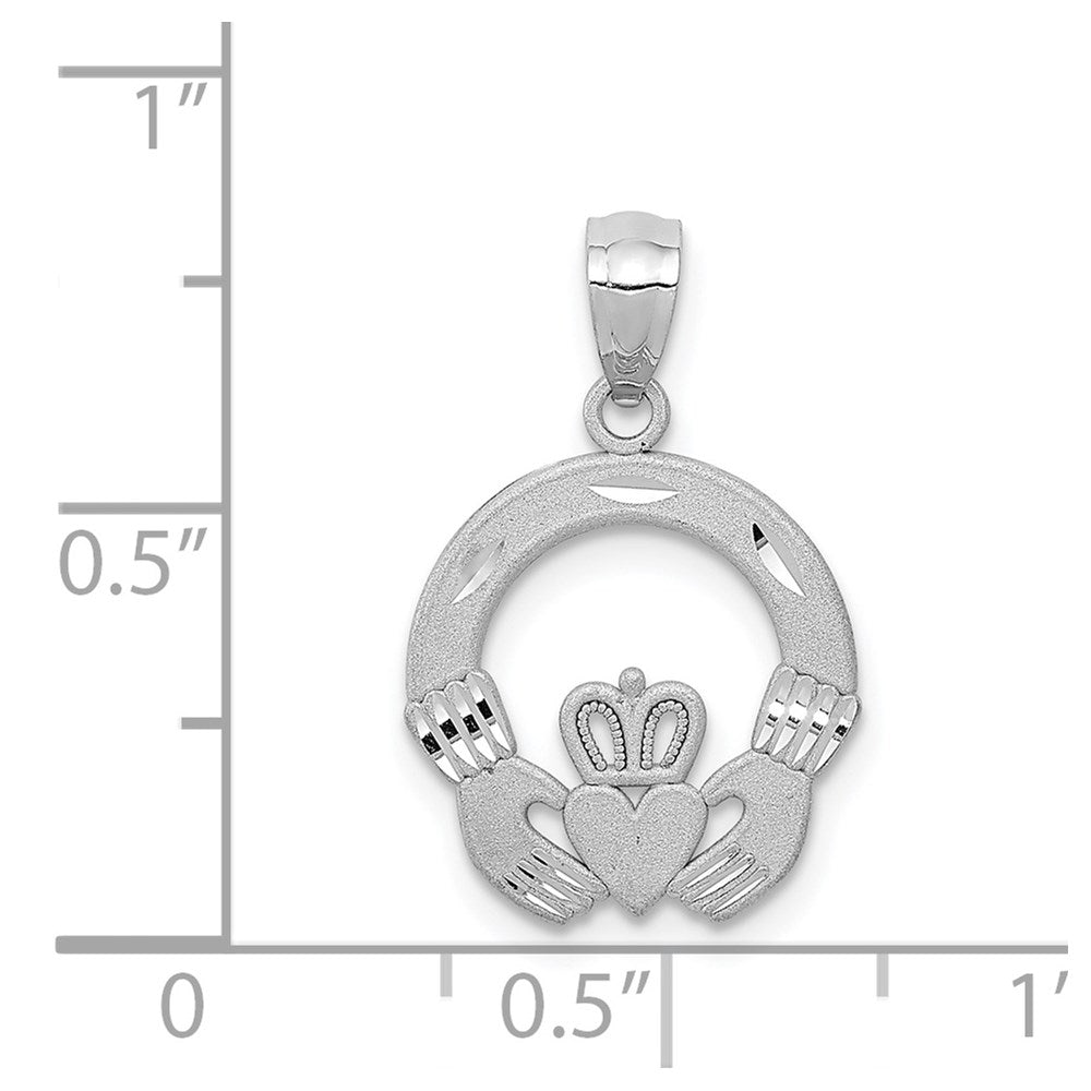 Alternate view of the 14k White Gold Satin & Diamond Cut Flat Claddagh Pendant, 14mm by The Black Bow Jewelry Co.