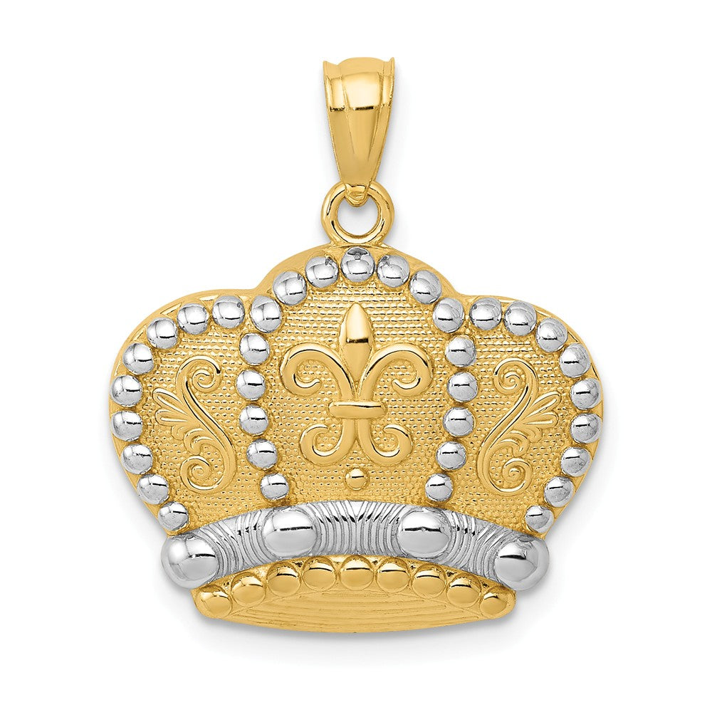 14k Yellow Gold and White Rhodium Fleur de lis Crown Pendant, 19mm, Item P26548 by The Black Bow Jewelry Co.