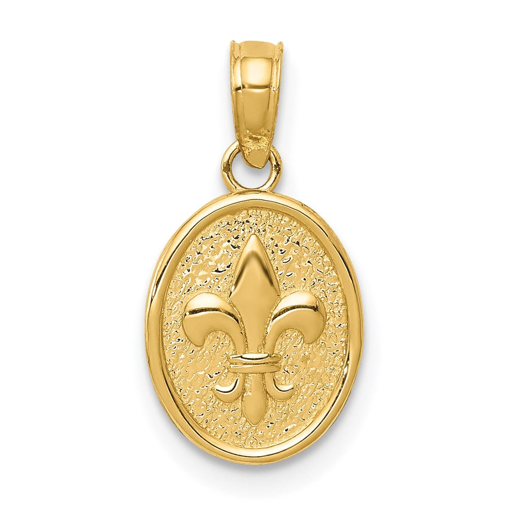 14k Yellow Gold Small Fleur De Lis Oval Disc Pendant, 9 x 17mm, Item P26551 by The Black Bow Jewelry Co.