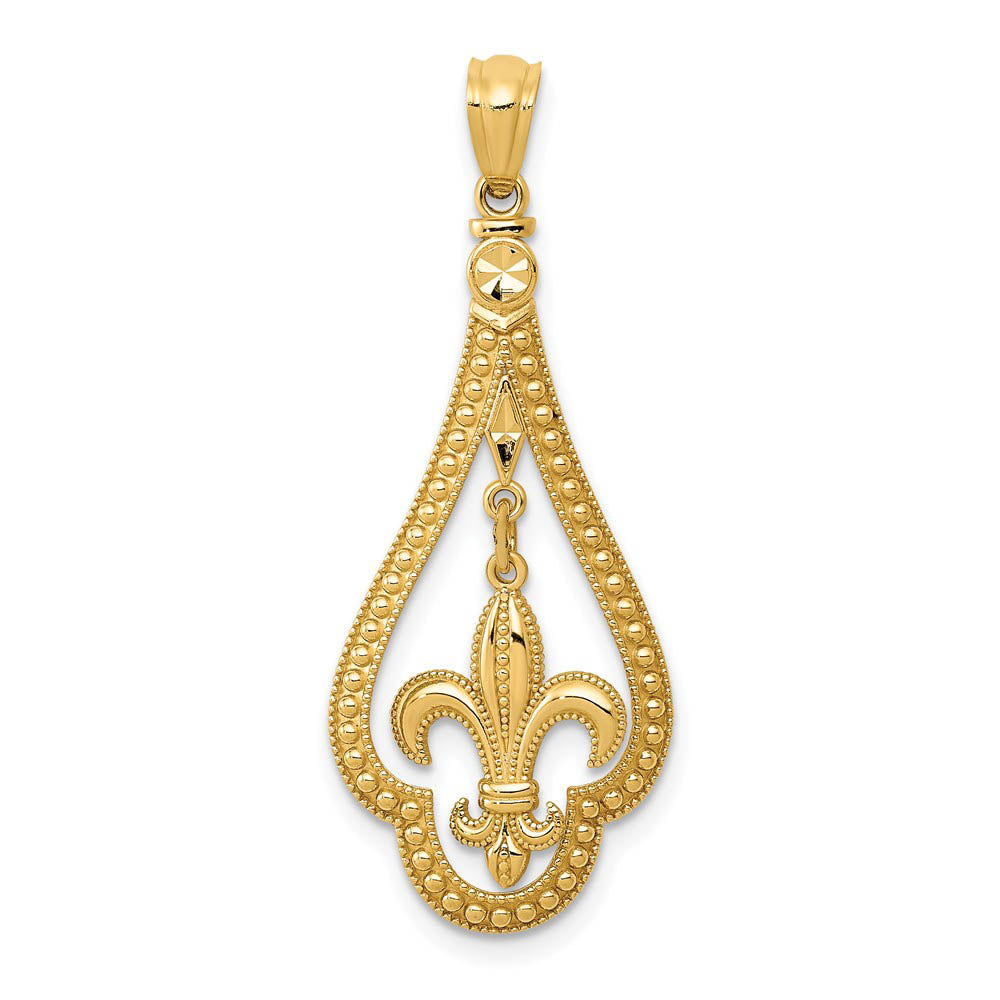 14k Yellow Gold Milgrain Fleur De Lis Dangle Pendant, 14 x 33mm, Item P26562 by The Black Bow Jewelry Co.