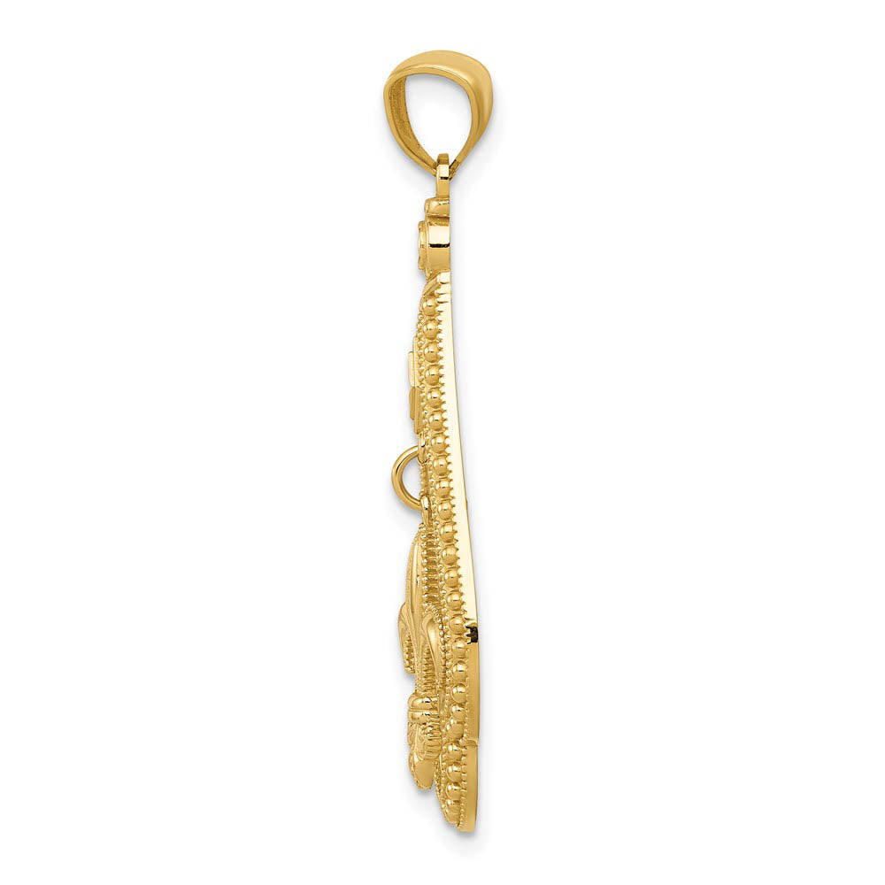 Alternate view of the 14k Yellow Gold Milgrain Fleur De Lis Dangle Pendant, 14 x 33mm by The Black Bow Jewelry Co.