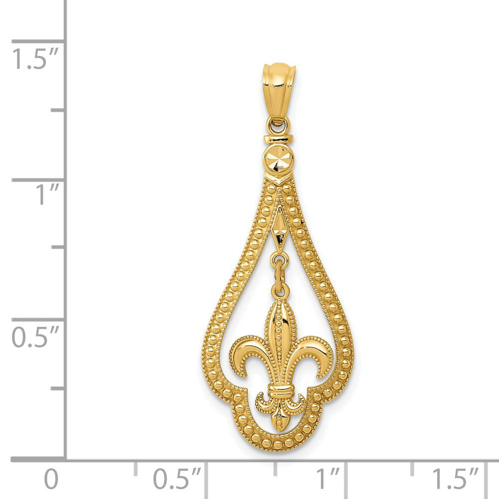 Alternate view of the 14k Yellow Gold Milgrain Fleur De Lis Dangle Pendant, 14 x 33mm by The Black Bow Jewelry Co.