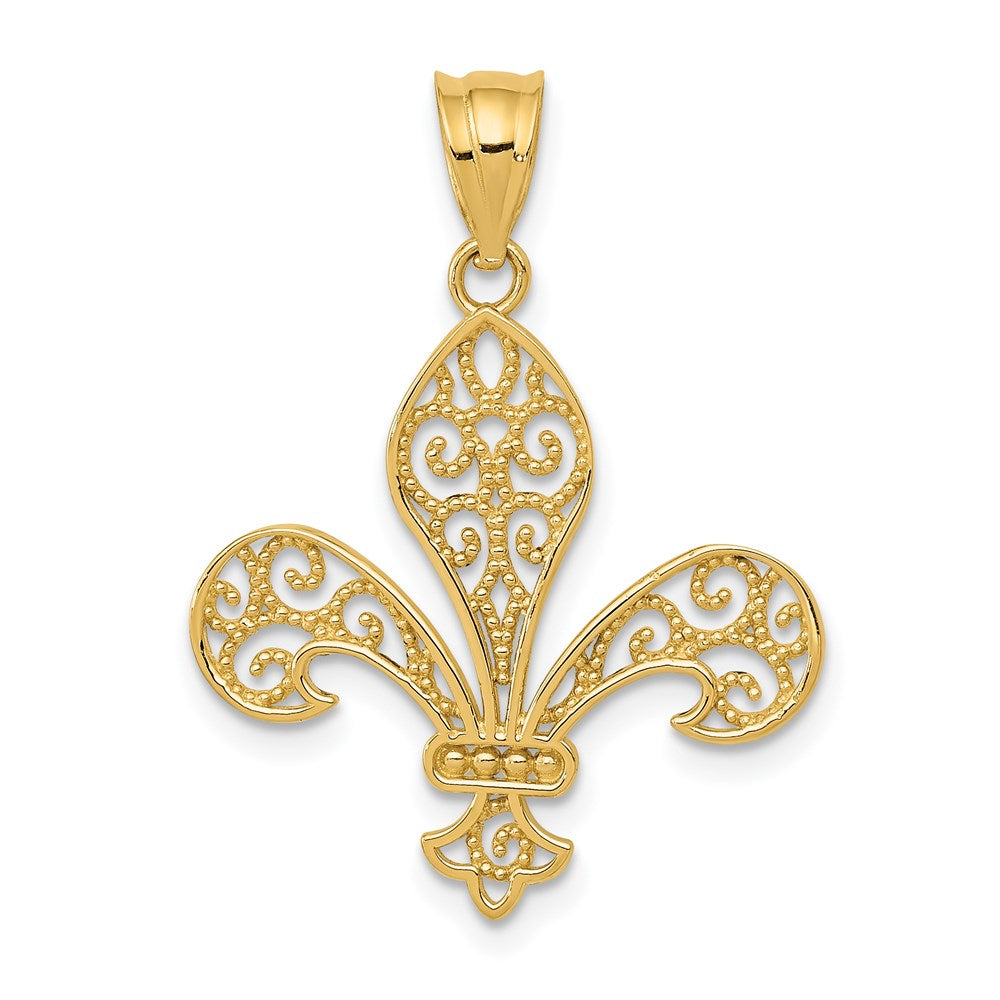 14k Yellow Gold Filigree Fleur De Lis Pendant, 21mm (13/16 inch), Item P26564 by The Black Bow Jewelry Co.