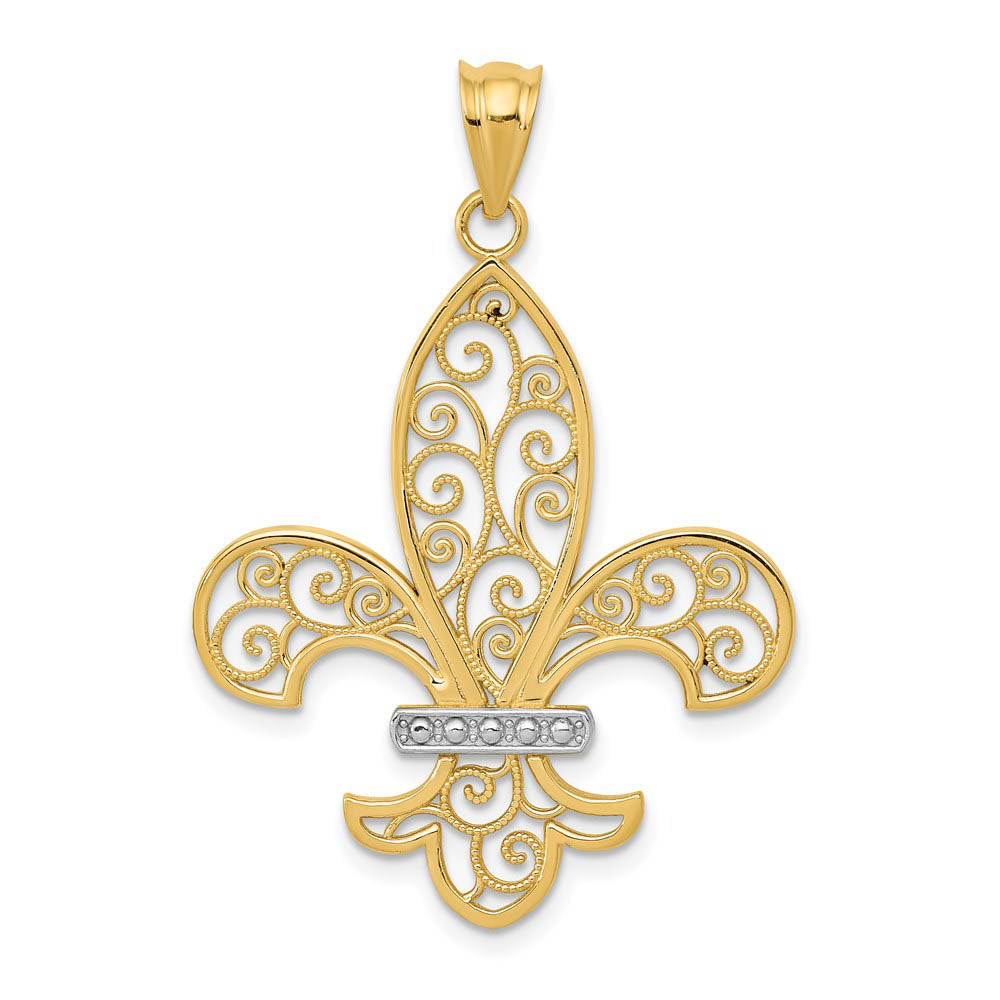14k Yellow Gold & White Rhodium Filigree Fleur De Lis Pendant, 26mm, Item P26565 by The Black Bow Jewelry Co.