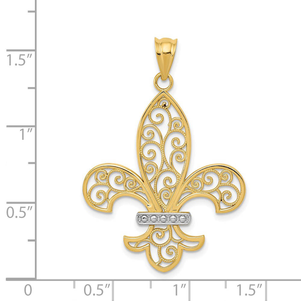 Alternate view of the 14k Yellow Gold & White Rhodium Filigree Fleur De Lis Pendant, 26mm by The Black Bow Jewelry Co.