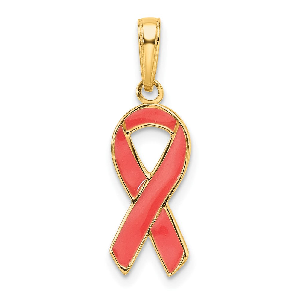14k Yellow Gold & Pink Enamel Awareness Ribbon Pendant, 8mm (5/16 in), Item P26591 by The Black Bow Jewelry Co.
