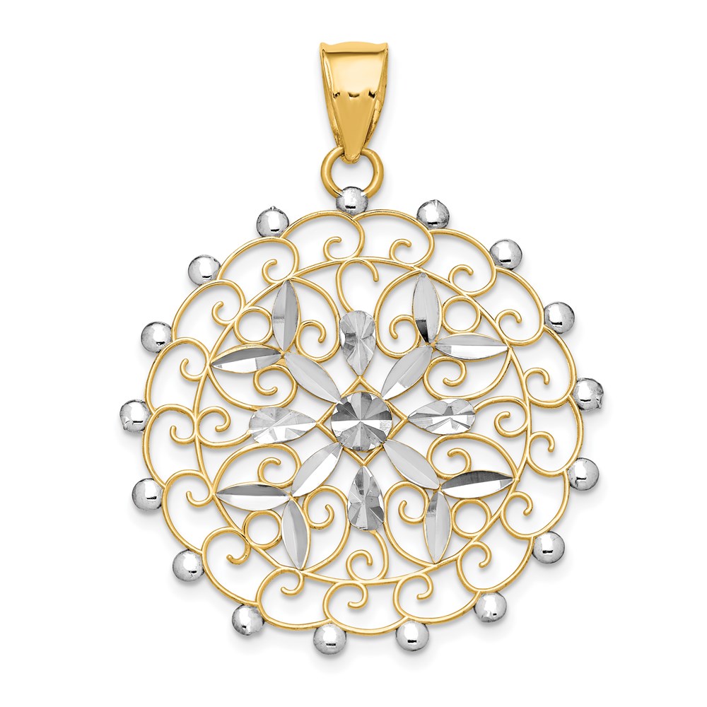 14k Yellow Gold and White Rhodium Diamond Cut Filigree Pendant, 32mm, Item P26613 by The Black Bow Jewelry Co.