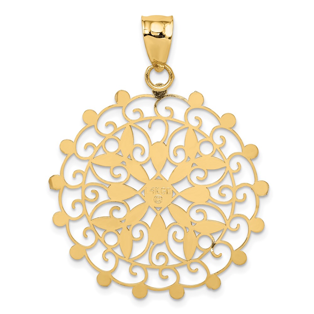 Alternate view of the 14k Yellow Gold and White Rhodium Diamond Cut Filigree Pendant, 32mm by The Black Bow Jewelry Co.