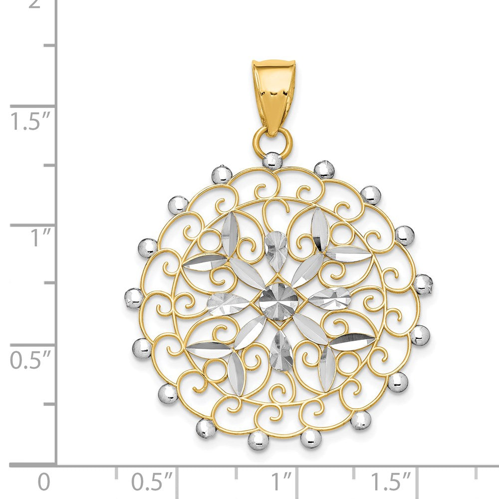 Alternate view of the 14k Yellow Gold and White Rhodium Diamond Cut Filigree Pendant, 32mm by The Black Bow Jewelry Co.