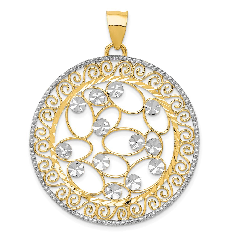 14k Yellow Gold & White Rhodium D/C Ornate Circle Pendant, 38mm, Item P26614 by The Black Bow Jewelry Co.