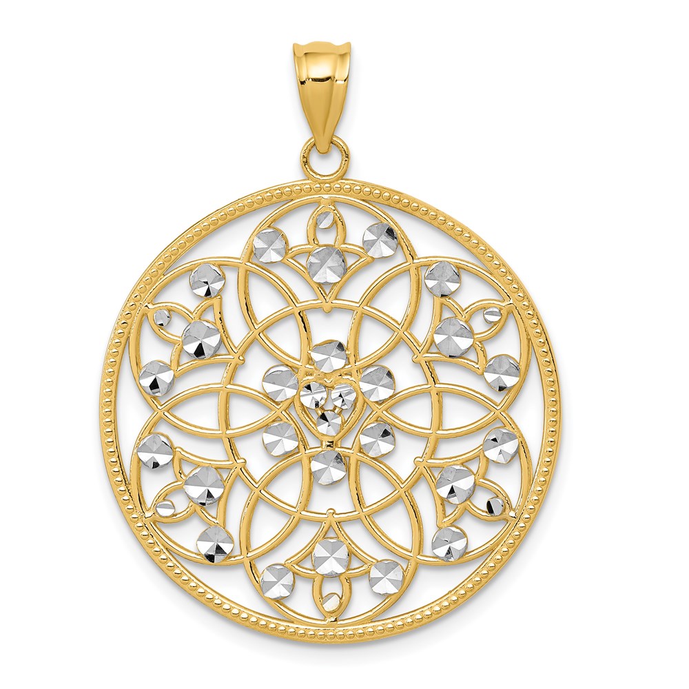 14k Yellow Gold & White Rhodium Round Filigree Pendant, 28mm, Item P26618 by The Black Bow Jewelry Co.
