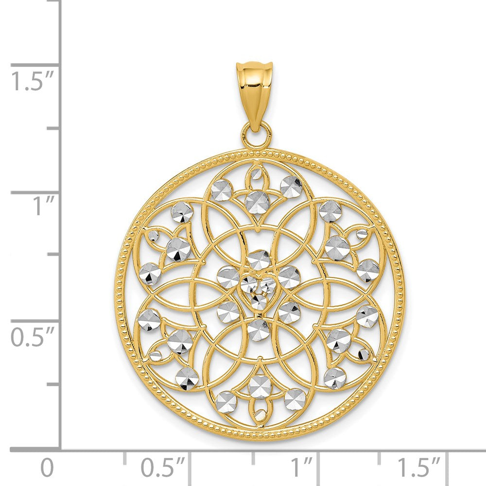 Alternate view of the 14k Yellow Gold & White Rhodium Round Filigree Pendant, 28mm by The Black Bow Jewelry Co.