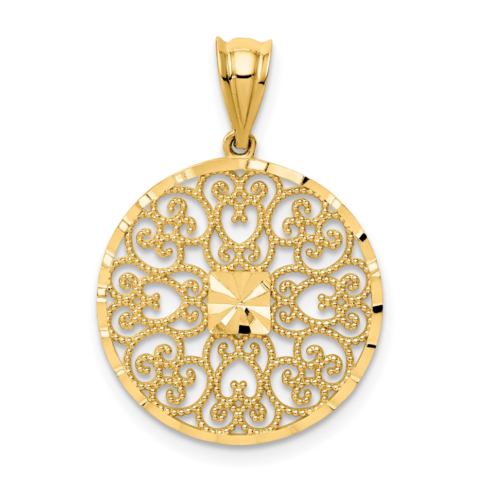 14K Yellow Gold Textured & Diamond Cut Filigree Circle Pendant, 19mm, Item P26626 by The Black Bow Jewelry Co.