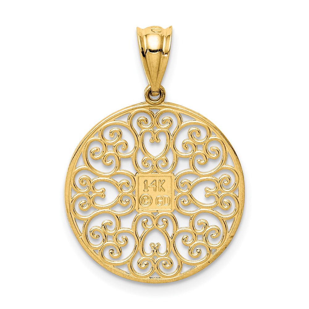 Alternate view of the 14K Yellow Gold Textured & Diamond Cut Filigree Circle Pendant, 19mm by The Black Bow Jewelry Co.