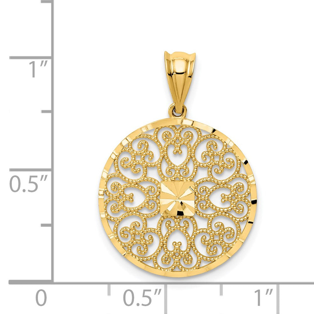 Alternate view of the 14K Yellow Gold Textured & Diamond Cut Filigree Circle Pendant, 19mm by The Black Bow Jewelry Co.