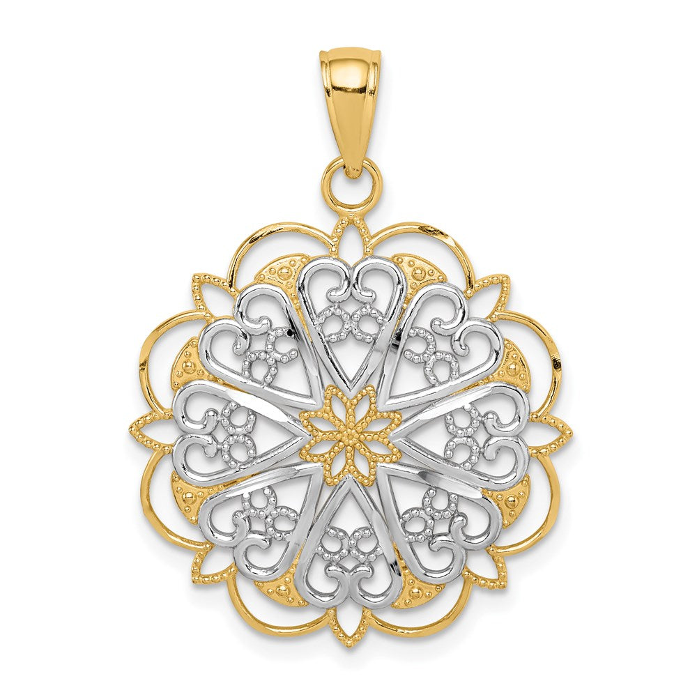14K Yellow Gold & White Rhodium Filigree Hearts Pendant, 25mm (1 inch), Item P26629 by The Black Bow Jewelry Co.