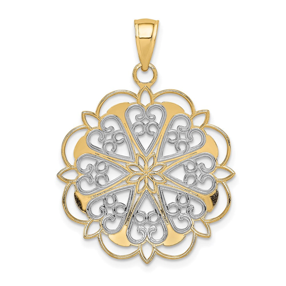 Alternate view of the 14K Yellow Gold & White Rhodium Filigree Hearts Pendant, 25mm (1 inch) by The Black Bow Jewelry Co.