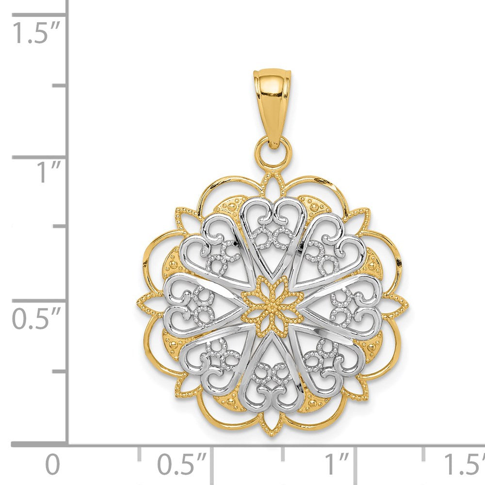 Alternate view of the 14K Yellow Gold & White Rhodium Filigree Hearts Pendant, 25mm (1 inch) by The Black Bow Jewelry Co.