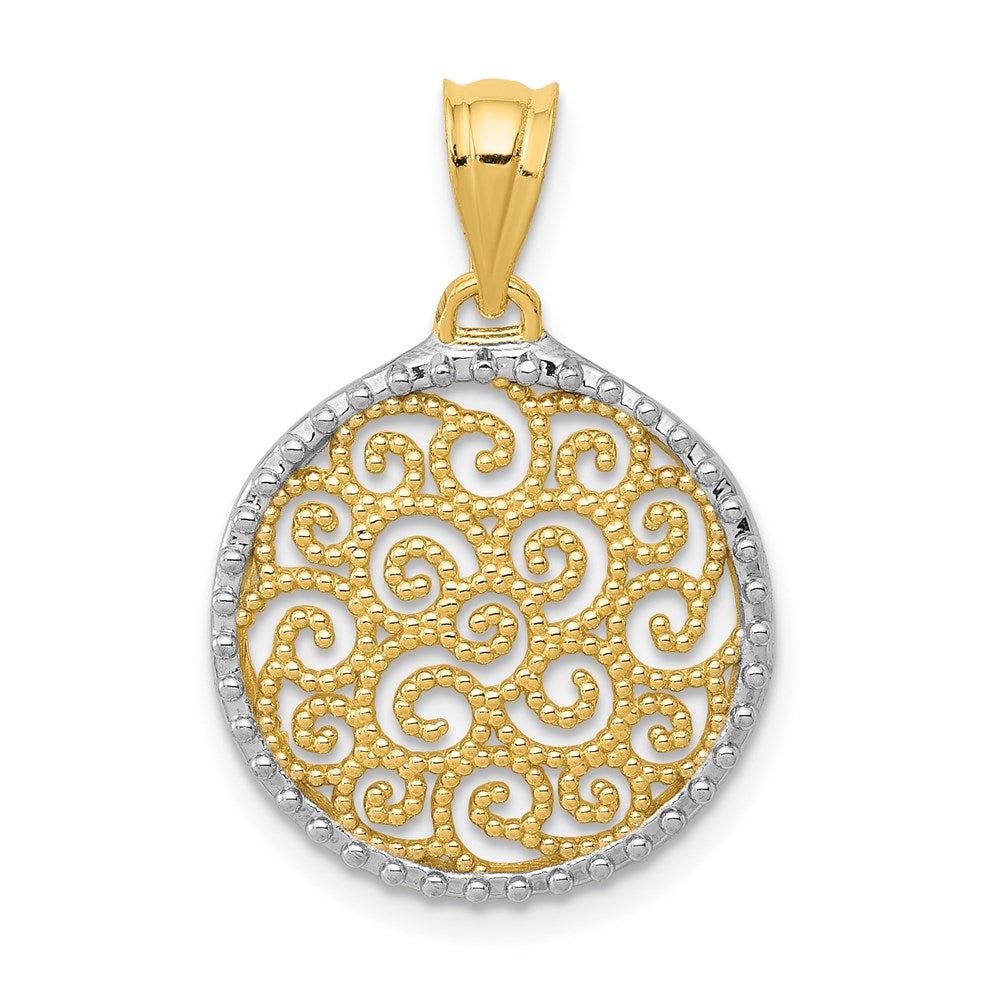 14k Yellow Gold & White Rhodium Filigree Scroll Circle Pendant, 16mm, Item P26633 by The Black Bow Jewelry Co.