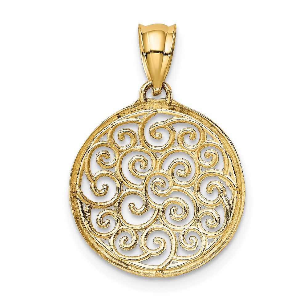 Alternate view of the 14k Yellow Gold & White Rhodium Filigree Scroll Circle Pendant, 16mm by The Black Bow Jewelry Co.