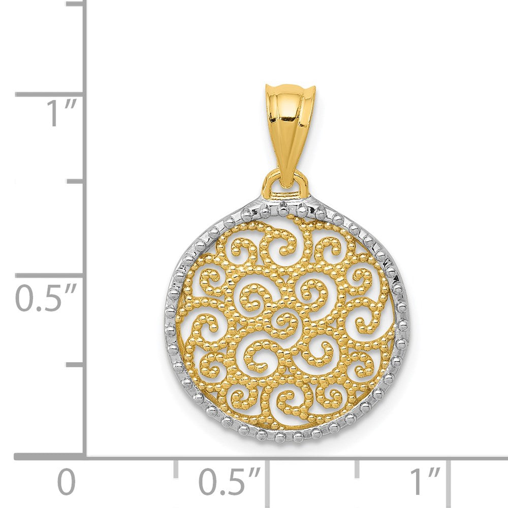 Alternate view of the 14k Yellow Gold & White Rhodium Filigree Scroll Circle Pendant, 16mm by The Black Bow Jewelry Co.