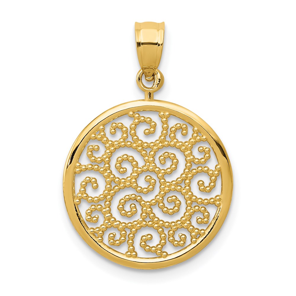 14k Yellow Gold Filigree Scroll Circle Pendant, 16mm (5/8 inch), Item P26634 by The Black Bow Jewelry Co.